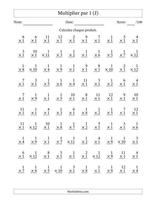 Multiplier (1 à 12) par 1 (100 Questions) (J)