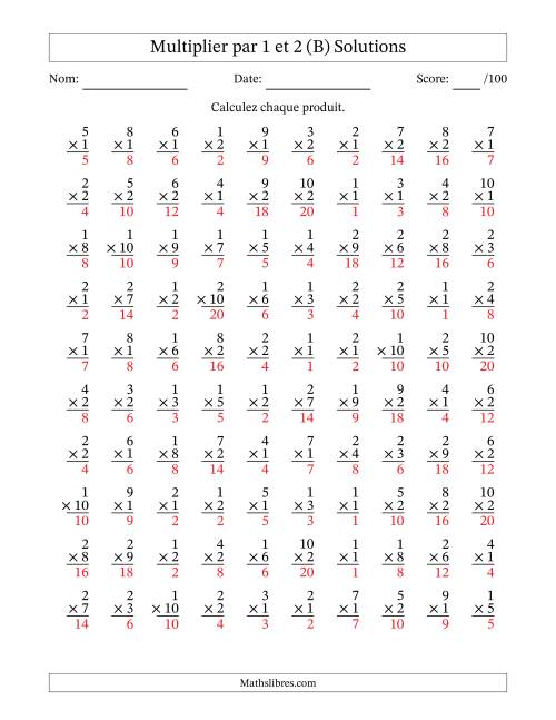 Multiplier (1 à 10) par 1 et 2 (100 Questions) (B) page 2