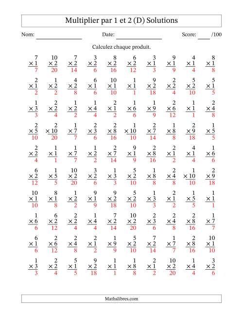 Multiplier (1 à 10) par 1 et 2 (100 Questions) (D) page 2