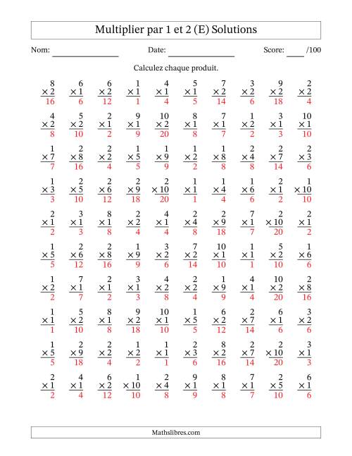 Multiplier (1 à 10) par 1 et 2 (100 Questions) (E) page 2