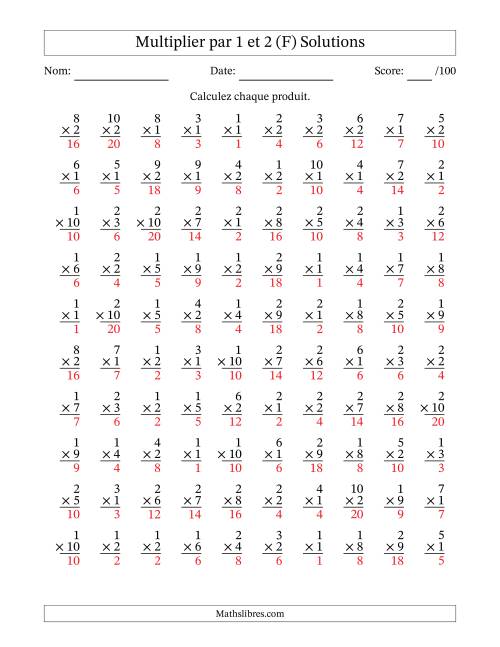 Multiplier (1 à 10) par 1 et 2 (100 Questions) (F) page 2