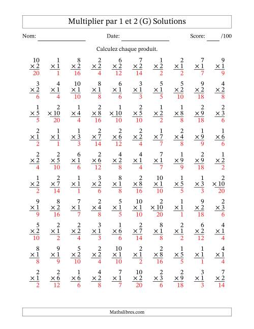 Multiplier (1 à 10) par 1 et 2 (100 Questions) (G) page 2