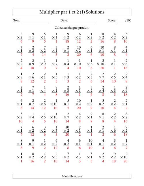 Multiplier (1 à 10) par 1 et 2 (100 Questions) (I) page 2