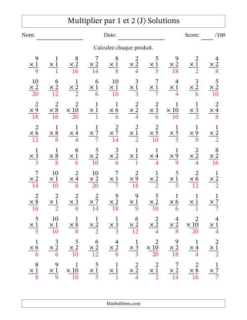 Multiplier (1 à 10) par 1 et 2 (100 Questions) (J) page 2