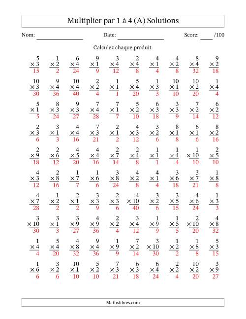 Multiplier (1 à 10) par 1 à 4 (100 Questions) (A) page 2