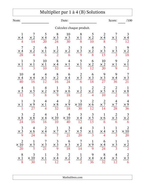 Multiplier (1 à 10) par 1 à 4 (100 Questions) (B) page 2