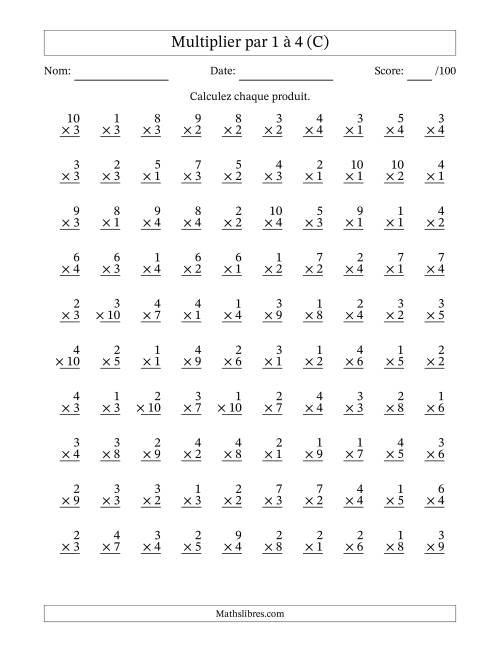 Multiplier (1 à 10) par 1 à 4 (100 Questions) (C)