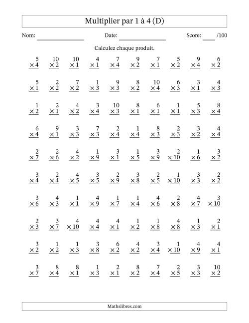 Multiplier (1 à 10) par 1 à 4 (100 Questions) (D)