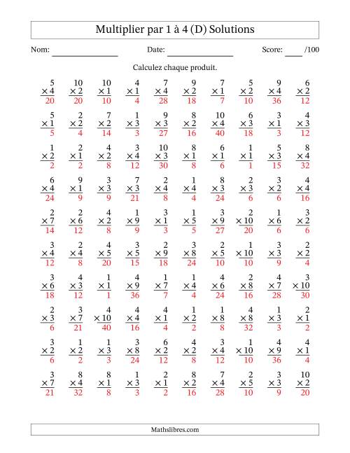 Multiplier (1 à 10) par 1 à 4 (100 Questions) (D) page 2
