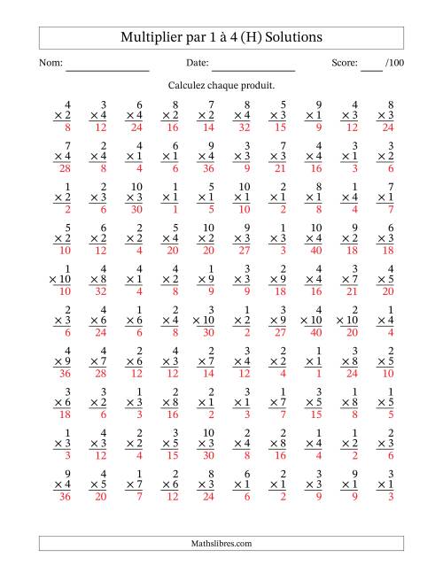 Multiplier (1 à 10) par 1 à 4 (100 Questions) (H) page 2