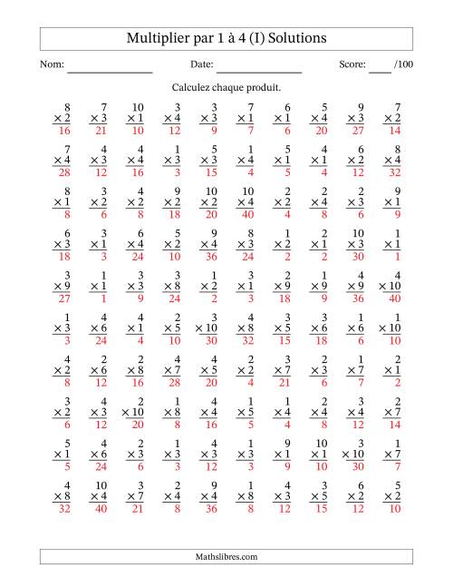 Multiplier (1 à 10) par 1 à 4 (100 Questions) (I) page 2
