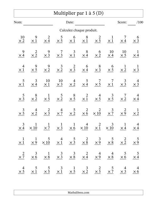 Multiplier (1 à 10) par 1 à 5 (100 Questions) (D)