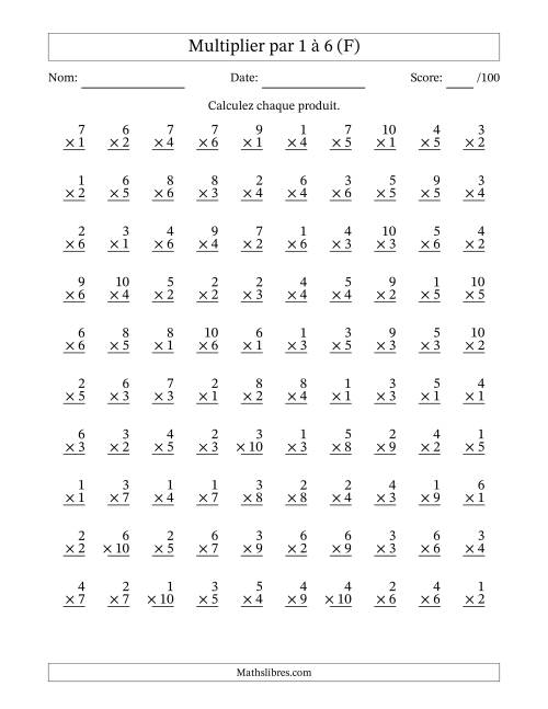 Multiplier (1 à 10) par 1 à 6 (100 Questions) (F)