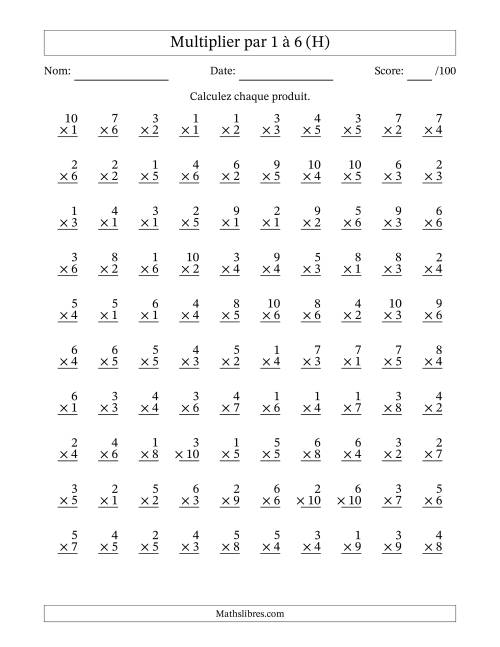 Multiplier (1 à 10) par 1 à 6 (100 Questions) (H)