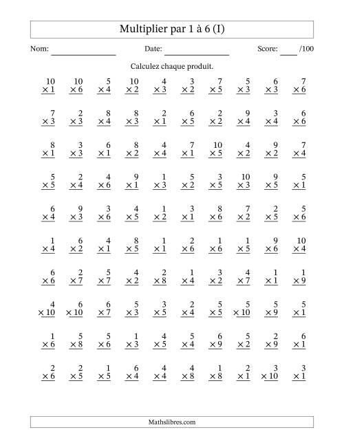 Multiplier (1 à 10) par 1 à 6 (100 Questions) (I)
