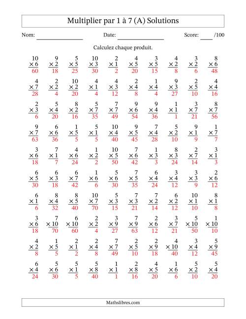Multiplier (1 à 10) par 1 à 7 (100 Questions) (A) page 2