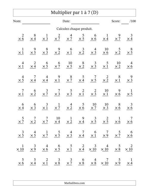Multiplier (1 à 10) par 1 à 7 (100 Questions) (D)