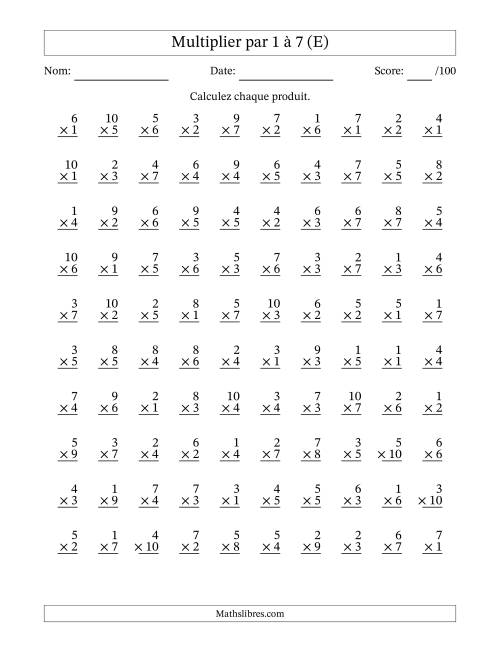 Multiplier (1 à 10) par 1 à 7 (100 Questions) (E)