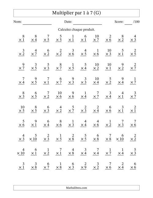 Multiplier (1 à 10) par 1 à 7 (100 Questions) (G)