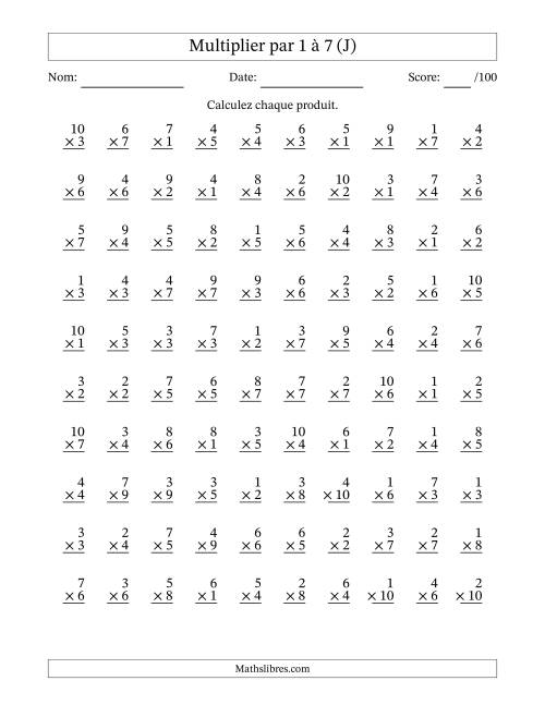 Multiplier (1 à 10) par 1 à 7 (100 Questions) (J)