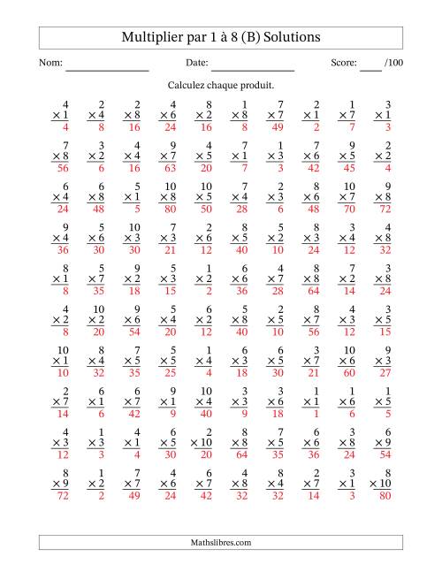 Multiplier (1 à 10) par 1 à 8 (100 Questions) (B) page 2