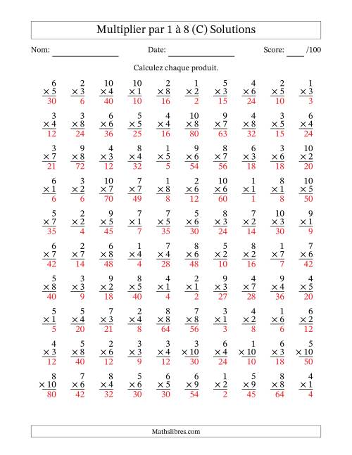 Multiplier (1 à 10) par 1 à 8 (100 Questions) (C) page 2