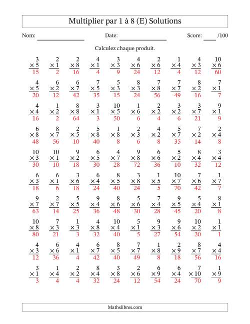 Multiplier (1 à 10) par 1 à 8 (100 Questions) (E) page 2