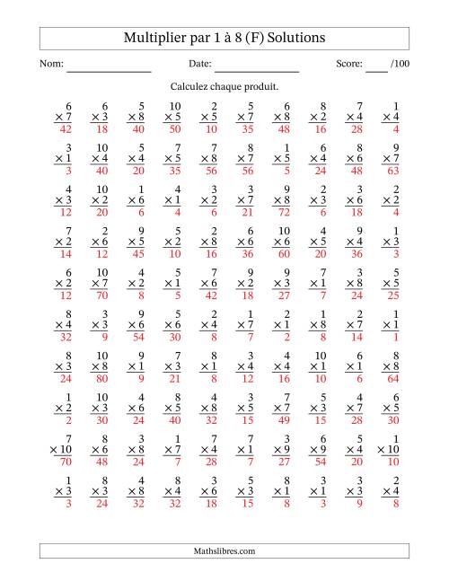 Multiplier (1 à 10) par 1 à 8 (100 Questions) (F) page 2