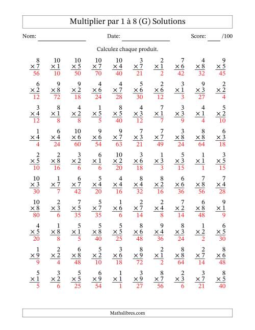 Multiplier (1 à 10) par 1 à 8 (100 Questions) (G) page 2