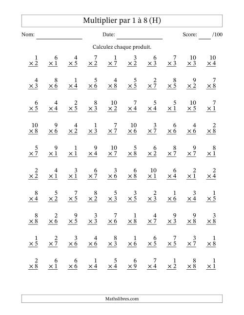 Multiplier (1 à 10) par 1 à 8 (100 Questions) (H)