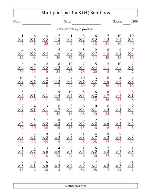 Multiplier (1 à 10) par 1 à 8 (100 Questions) (H) page 2