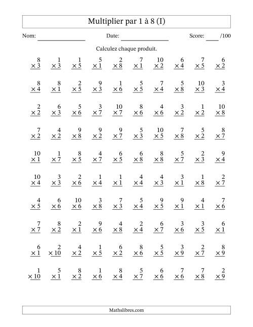 Multiplier (1 à 10) par 1 à 8 (100 Questions) (I)