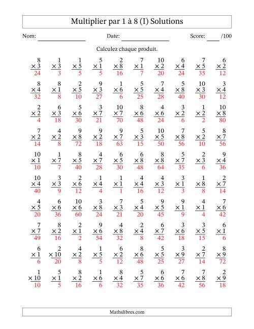 Multiplier (1 à 10) par 1 à 8 (100 Questions) (I) page 2