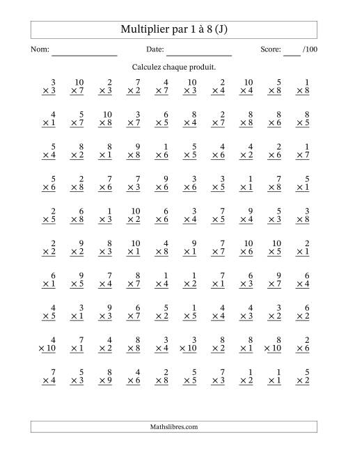 Multiplier (1 à 10) par 1 à 8 (100 Questions) (J)