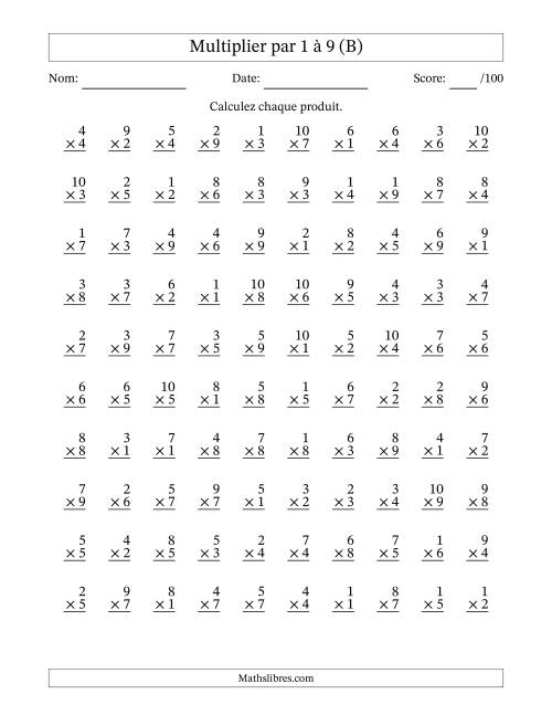 Multiplier (1 à 10) par 1 à 9 (100 Questions) (B)