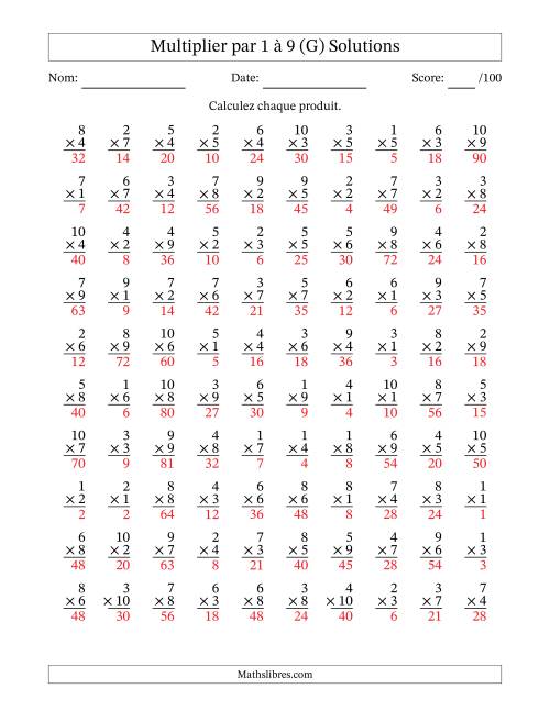 Multiplier (1 à 10) par 1 à 9 (100 Questions) (G) page 2