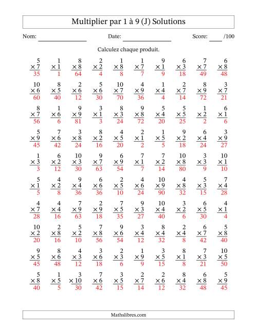 Multiplier (1 à 10) par 1 à 9 (100 Questions) (J) page 2