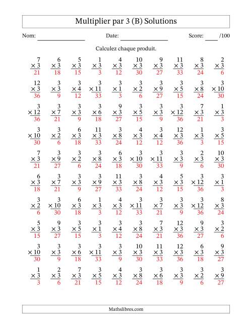 Multiplier (1 à 12) par 3 (100 Questions) (B) page 2