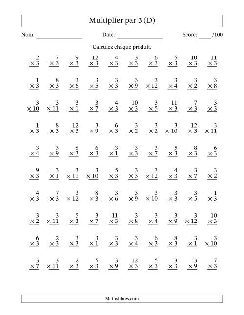 Multiplier (1 à 12) par 3 (100 Questions) (D)