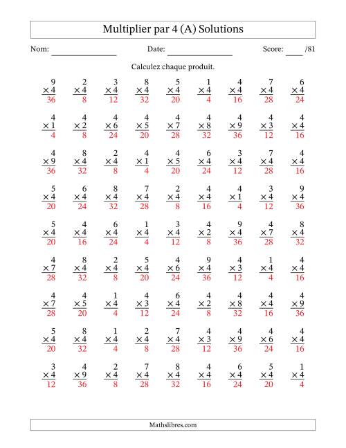 Multiplier (1 à 9) par 4 (81 Questions) (A) page 2