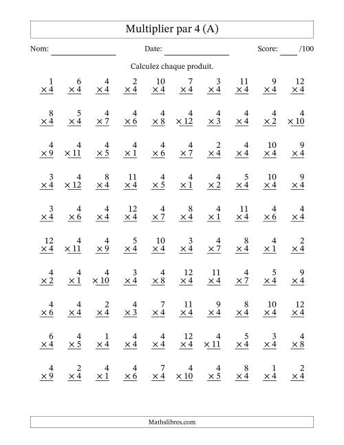 Multiplier (1 à 12) par 4 (100 Questions) (A)