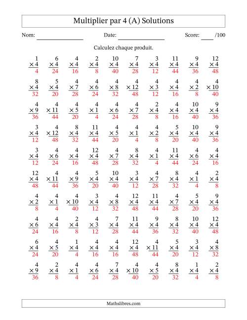 Multiplier (1 à 12) par 4 (100 Questions) (A) page 2