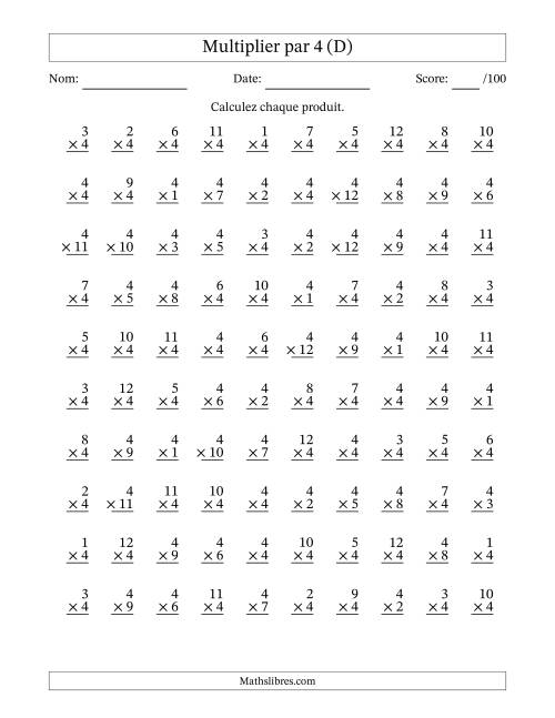 Multiplier (1 à 12) par 4 (100 Questions) (D)