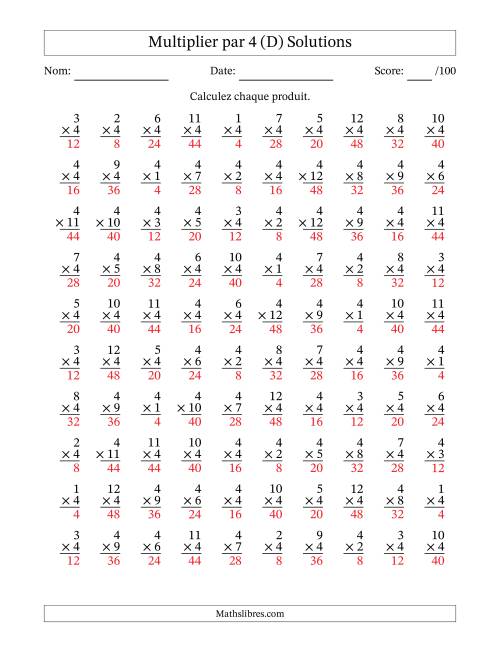 Multiplier (1 à 12) par 4 (100 Questions) (D) page 2