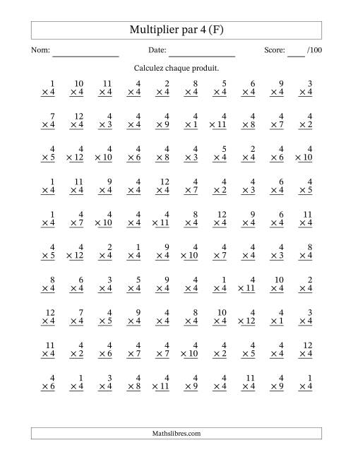 Multiplier (1 à 12) par 4 (100 Questions) (F)