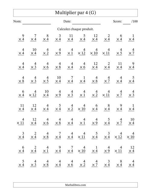 Multiplier (1 à 12) par 4 (100 Questions) (G)