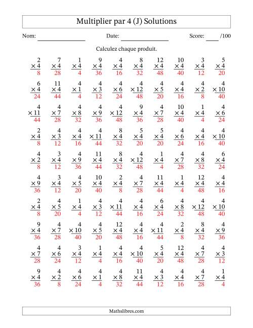 Multiplier (1 à 12) par 4 (100 Questions) (J) page 2