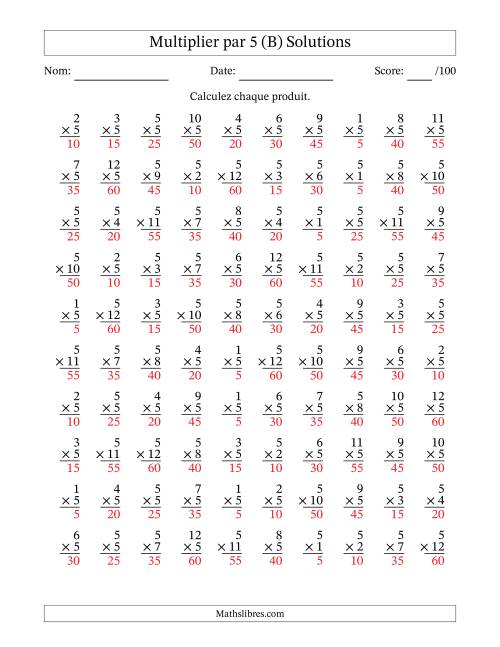 Multiplier (1 à 12) par 5 (100 Questions) (B) page 2