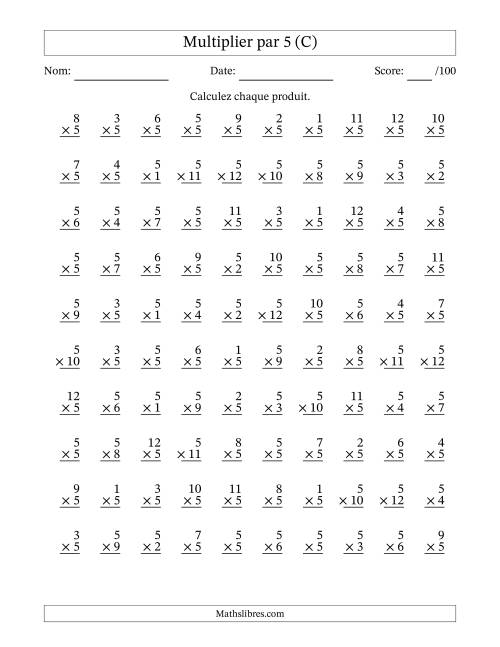 Multiplier (1 à 12) par 5 (100 Questions) (C)