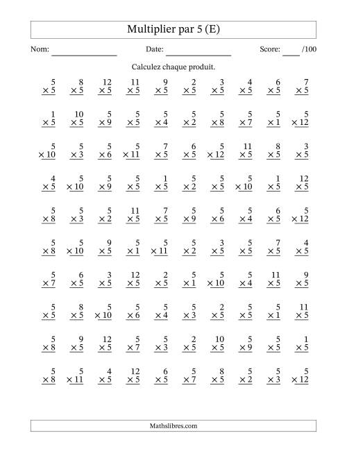 Multiplier (1 à 12) par 5 (100 Questions) (E)